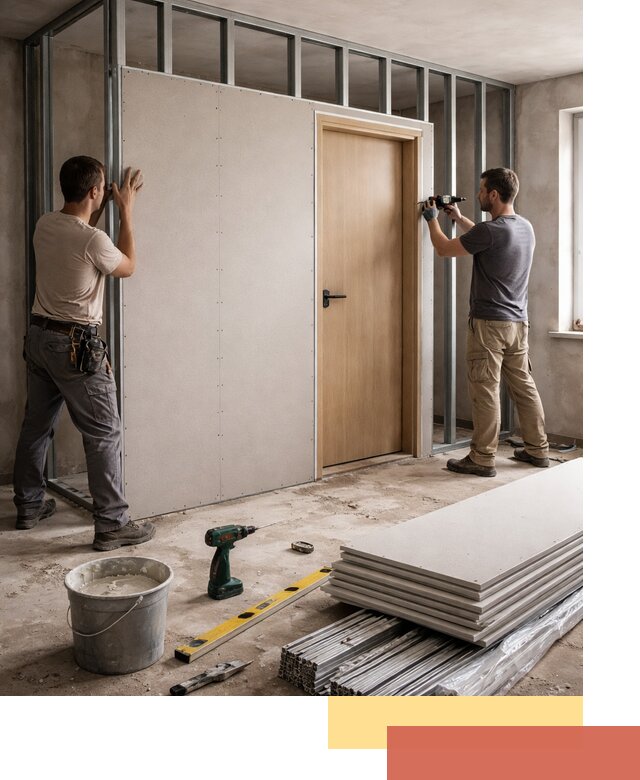 Перегородка из гипсокартона с дверью под ключ в Когалыме