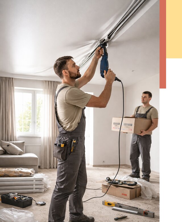 Монтаж сатинового натяжного потолка в Когалыме от 3618 руб. | Быстро, недорого — ОТДЕЛОЧНИК-Кгл