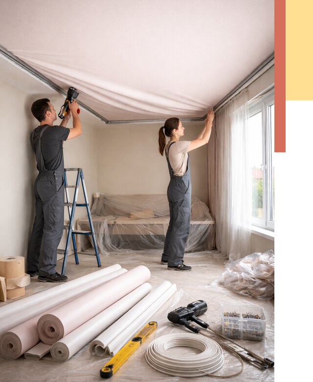 Монтаж цветного натяжного потолка в Когалыме от 4342 руб/м² — быстро и недорого | ОТДЕЛОЧНИК-Кгл