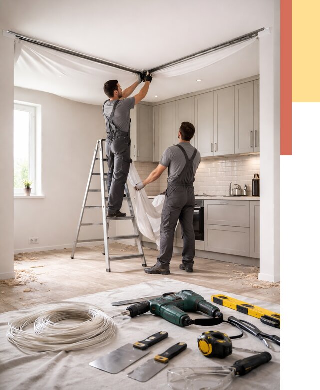 Установка натяжного потолка на кухне в Когалыме от 2481 руб. | ОТДЕЛОЧНИК-Кгл