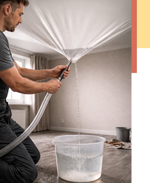 Слив воды с натяжного потолка в Когалыме от 2585 руб. быстро и недорого | ОТДЕЛОЧНИК-Кгл